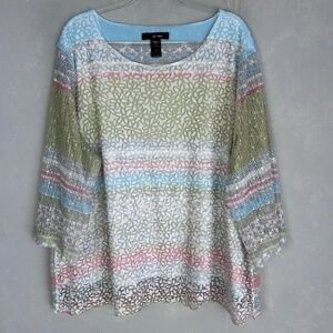 Ali Miles top plus size 3X burnout mesh floral white striped 3/4 sleeve sequined